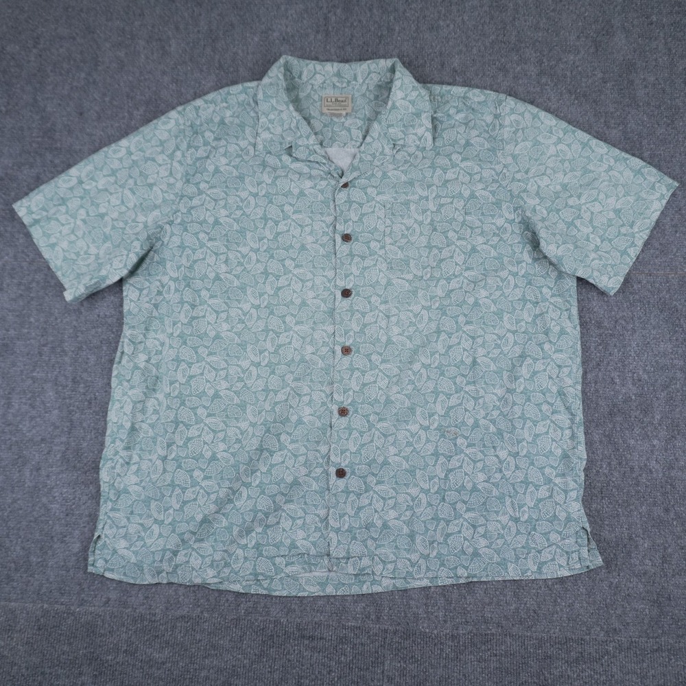 LL Bean Button Down Shirt Mens L Green Seashell Print Cotton Traditional Fit